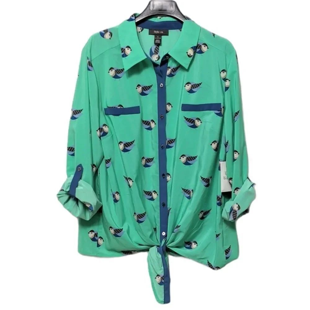 NWT STYLE & CO Green Bird Tie Front Top XL
